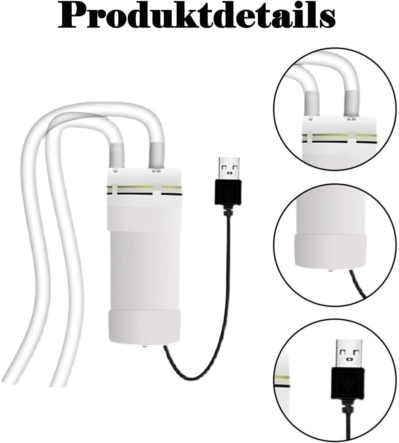 Weißer zylindrischer Filter mit drei Schläuchen und USB-Kabel.