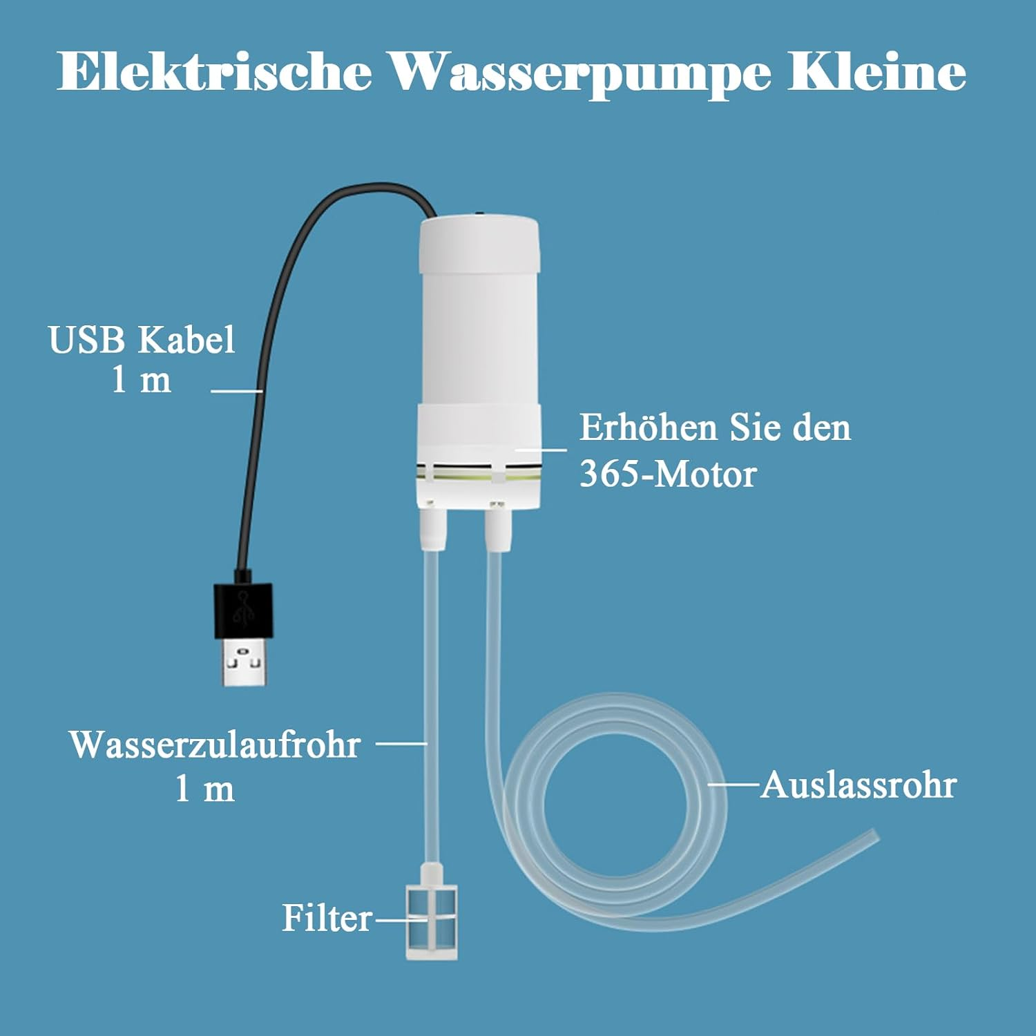 Kleine elektrische Wasserpumpe mit USB-Kabel, Zulaufrohr, Filter und Auslassrohr.
