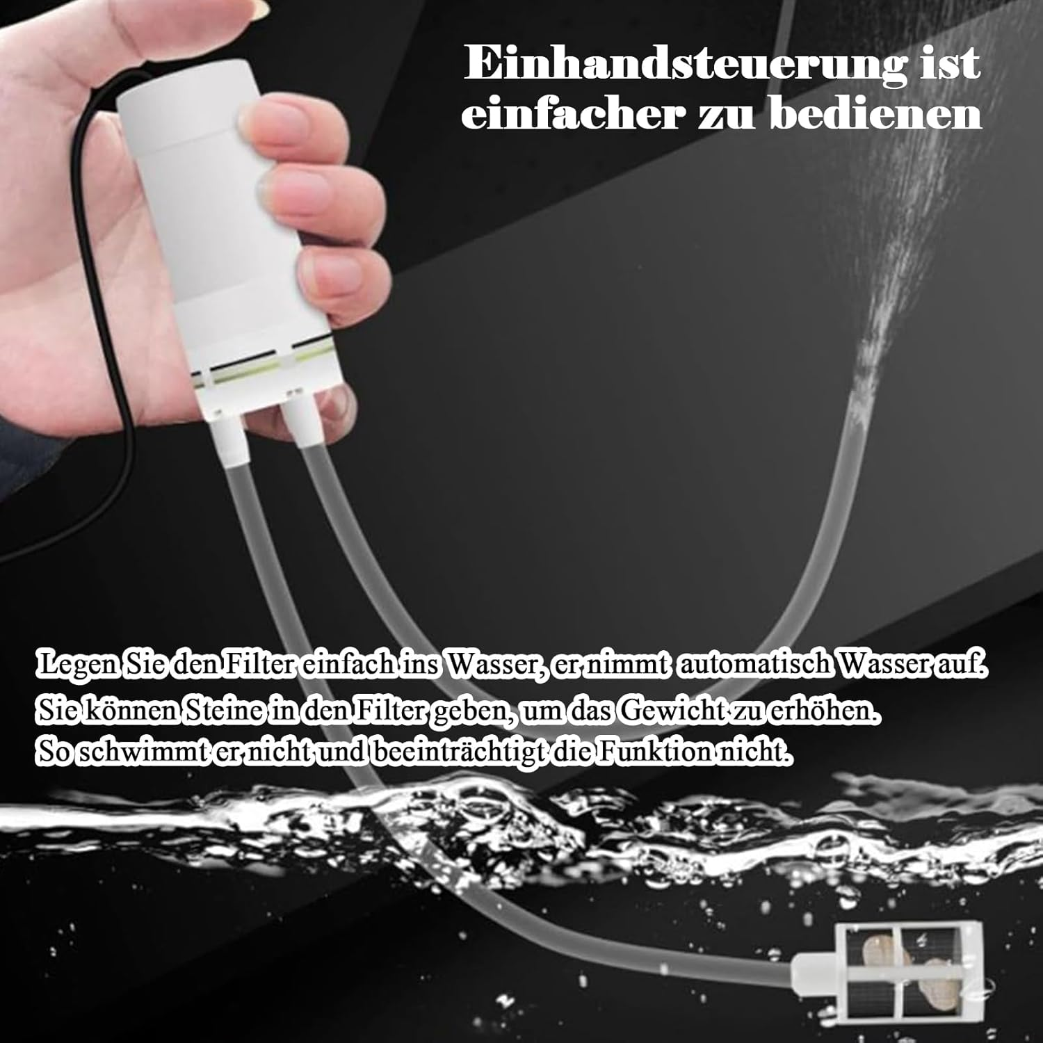 Weiße Filterpumpe mit Schläuchen in Wasser, eine Hand hält sie.