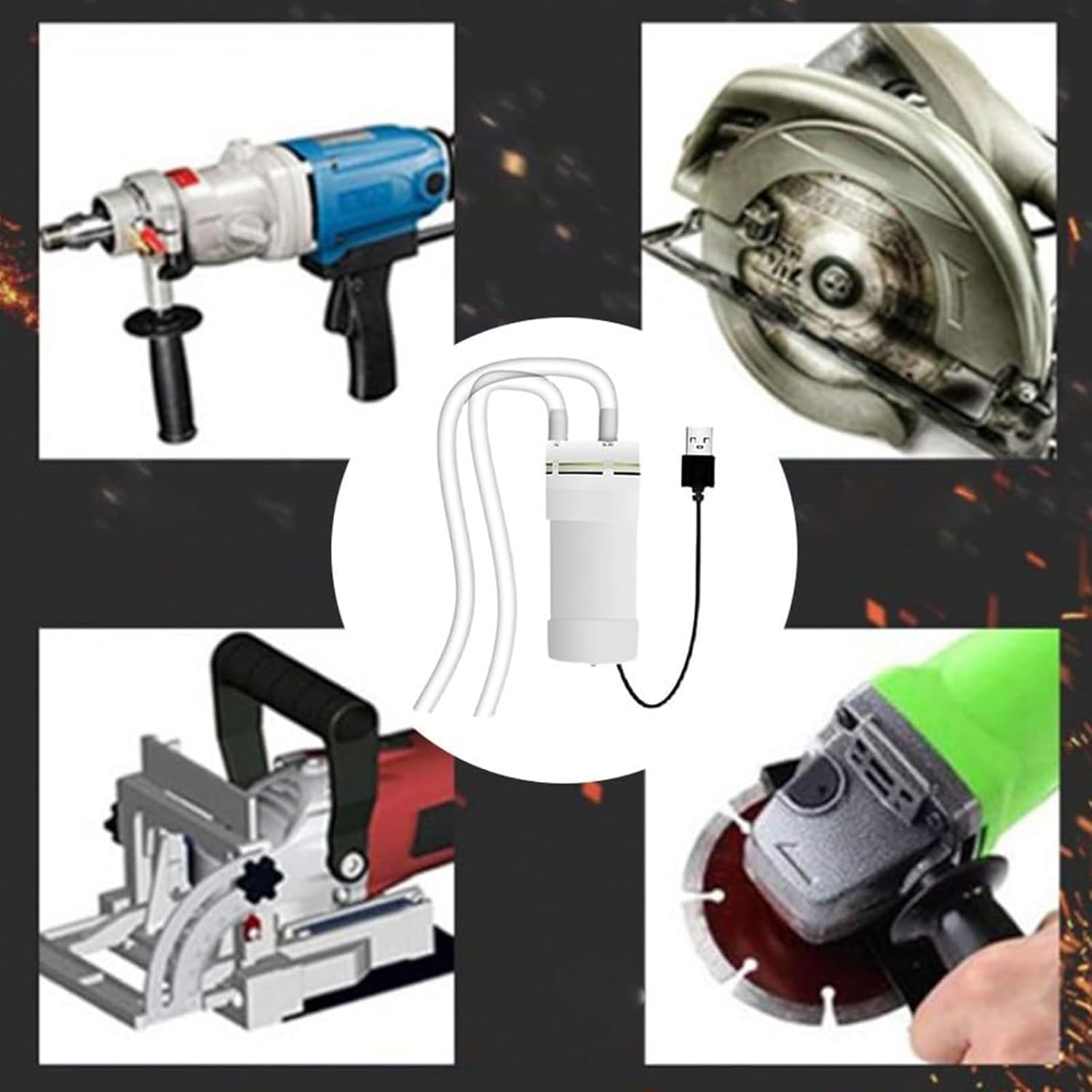 Vier Werkzeuge: Bohrer, Kreissäge, Fräse, Winkelschleifer, und ein weißer USB-Adapter.