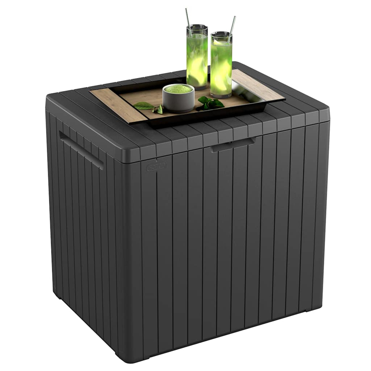 Schwarze Aufbewahrungsbox mit Tablett, zwei Gläsern und einer Schale auf dem Deckel.