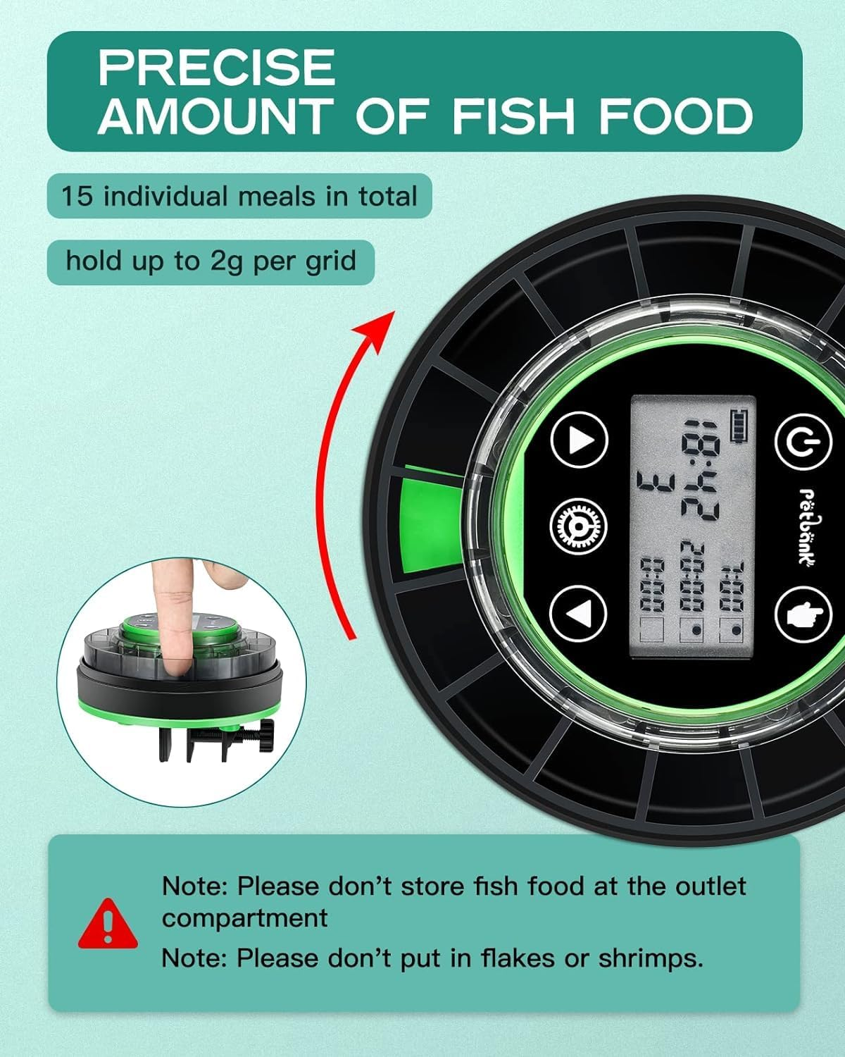 Automatischer Fischfutterspender mit digitaler Anzeige, 15 Mahlzeiten, 2g pro Fach.