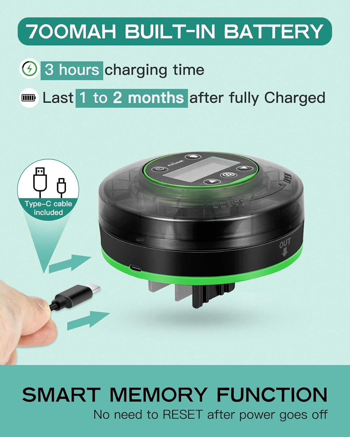 Schwarzes Gerät mit grünem Akzent, lädt mit Typ-C-Kabel. 700mAh Akku.