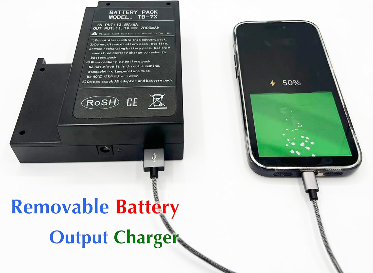 Ein schwarzer Akku wird über ein USB-Kabel mit einem Smartphone verbunden.