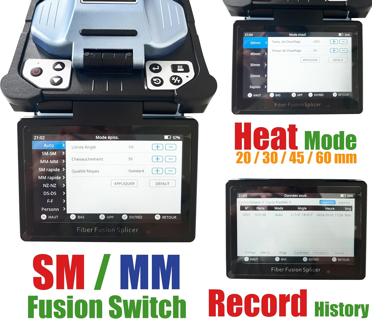 Faser-Spleißgerät mit Touchscreen-Menüs für Heizmodus, Schweißdaten und mehr.