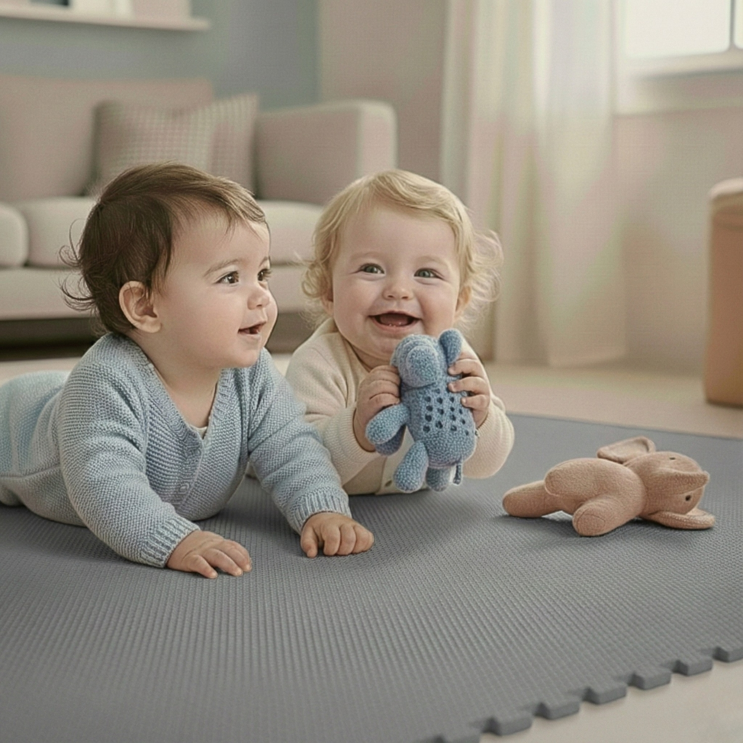 Zwei Babys liegen auf einer grauen Matte. Eines hält ein blaues Spielzeug, das andere einen hellbraunen Hasen.