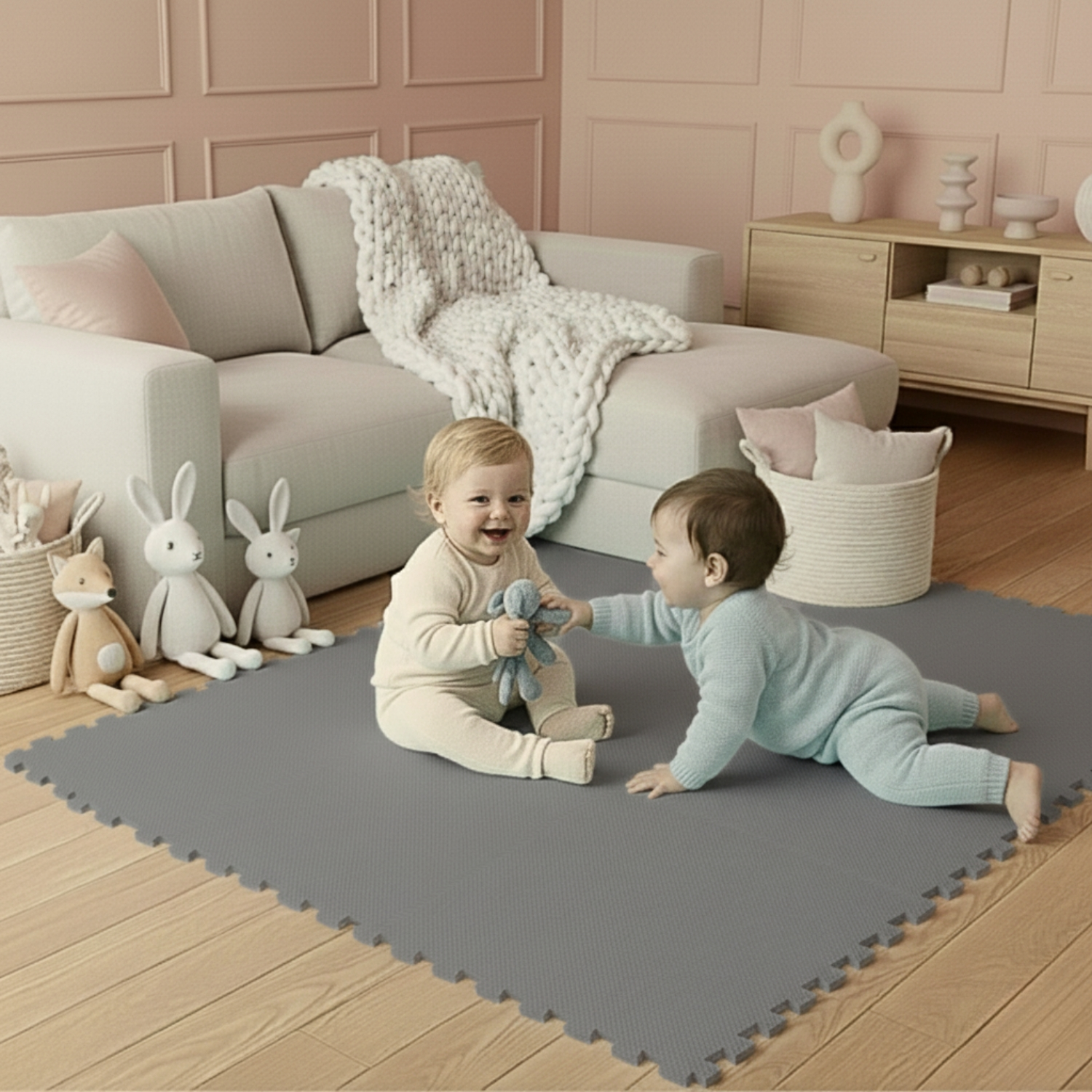 Zwei Babys spielen auf einer grauen Matte vor einem Sofa und Spielzeug.