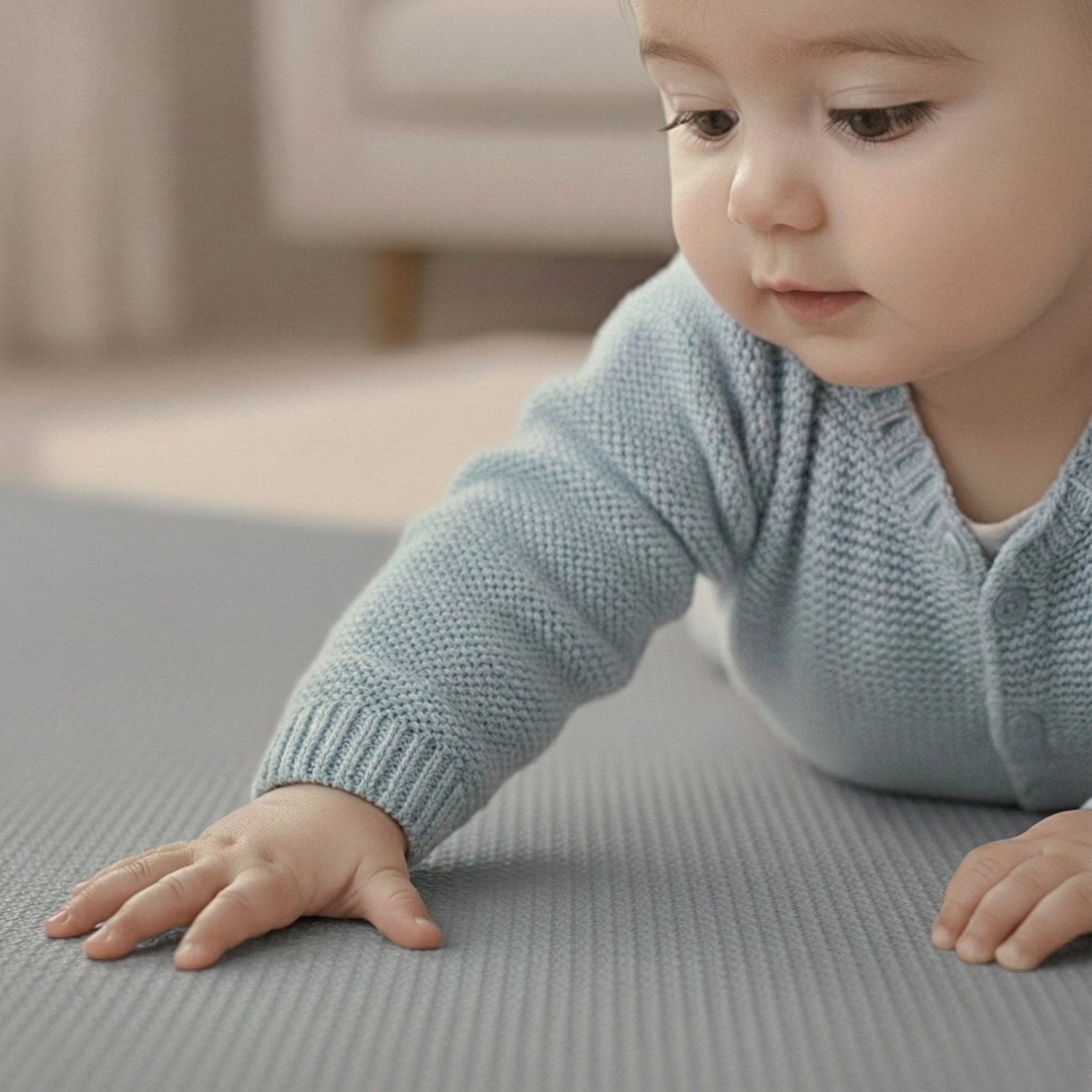 Ein Baby in einem blauen Pullover krabbelt auf einer grauen Matte.
