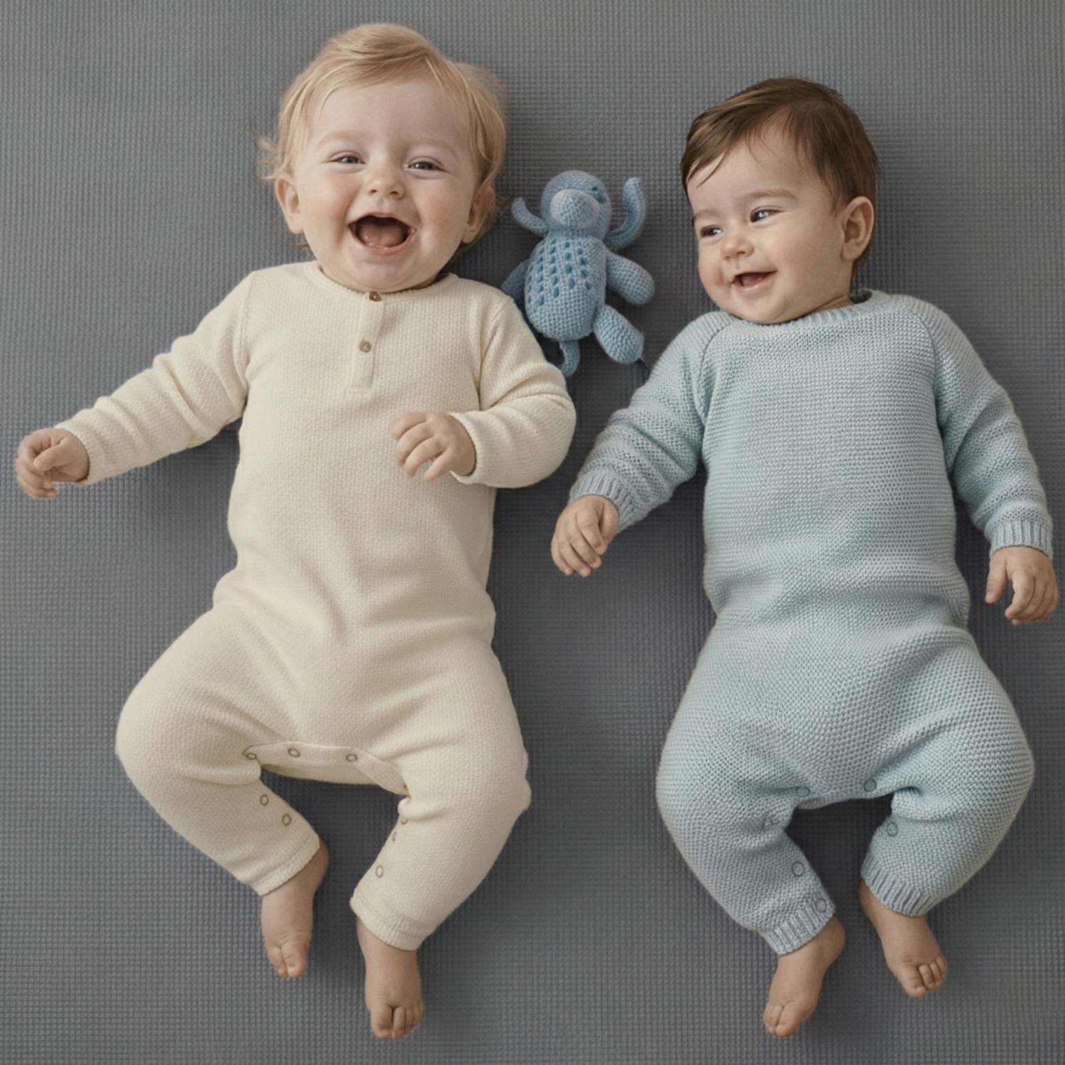 Zwei Babys liegen auf einer grauen Fläche. Eines trägt ein cremefarbenes Outfit, das andere ein blaues. Ein blaues Spielzeug liegt dazwischen.