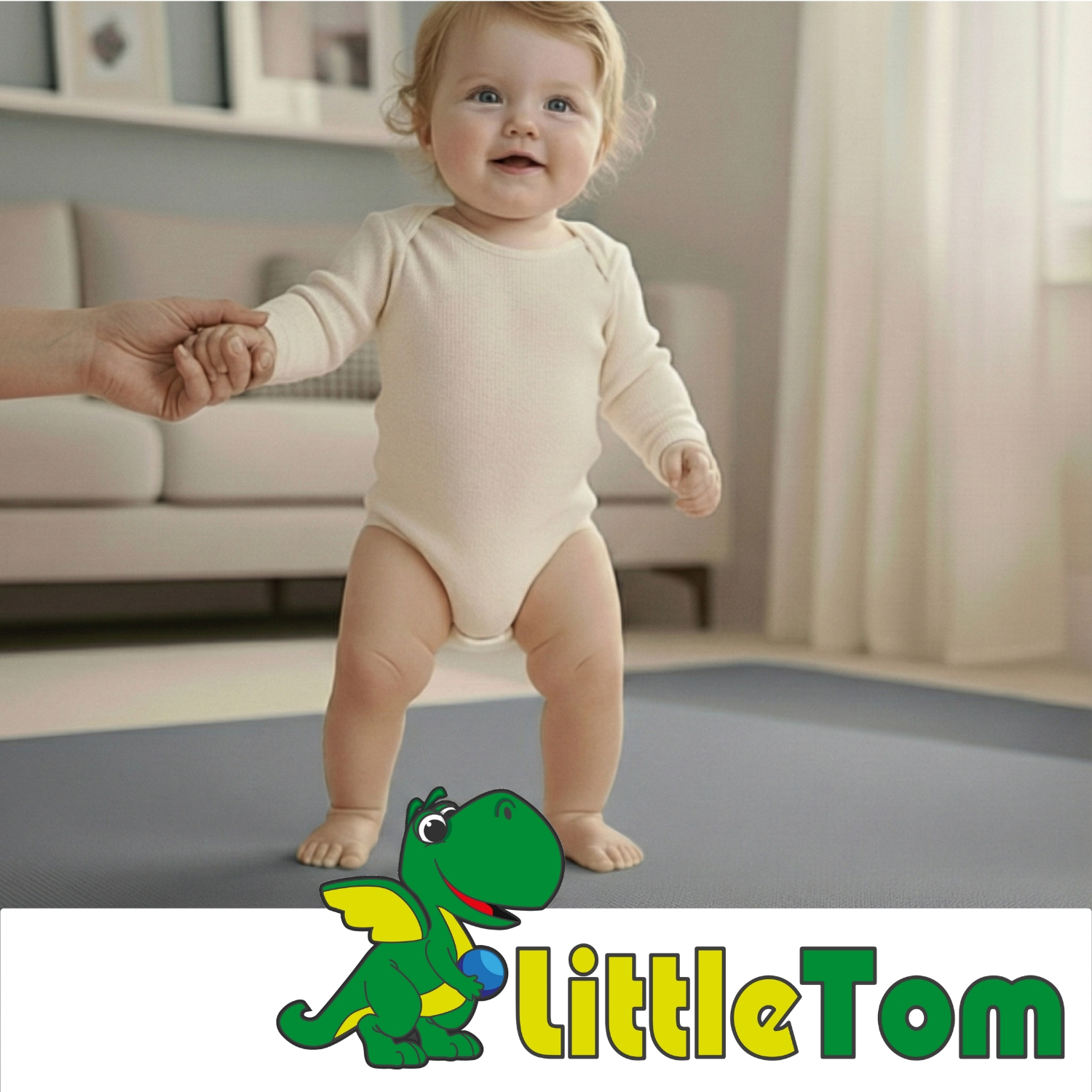 Ein Baby in einem Body lernt laufen, gehalten von einer Hand. Ein Drachenlogo ist im Vordergrund.