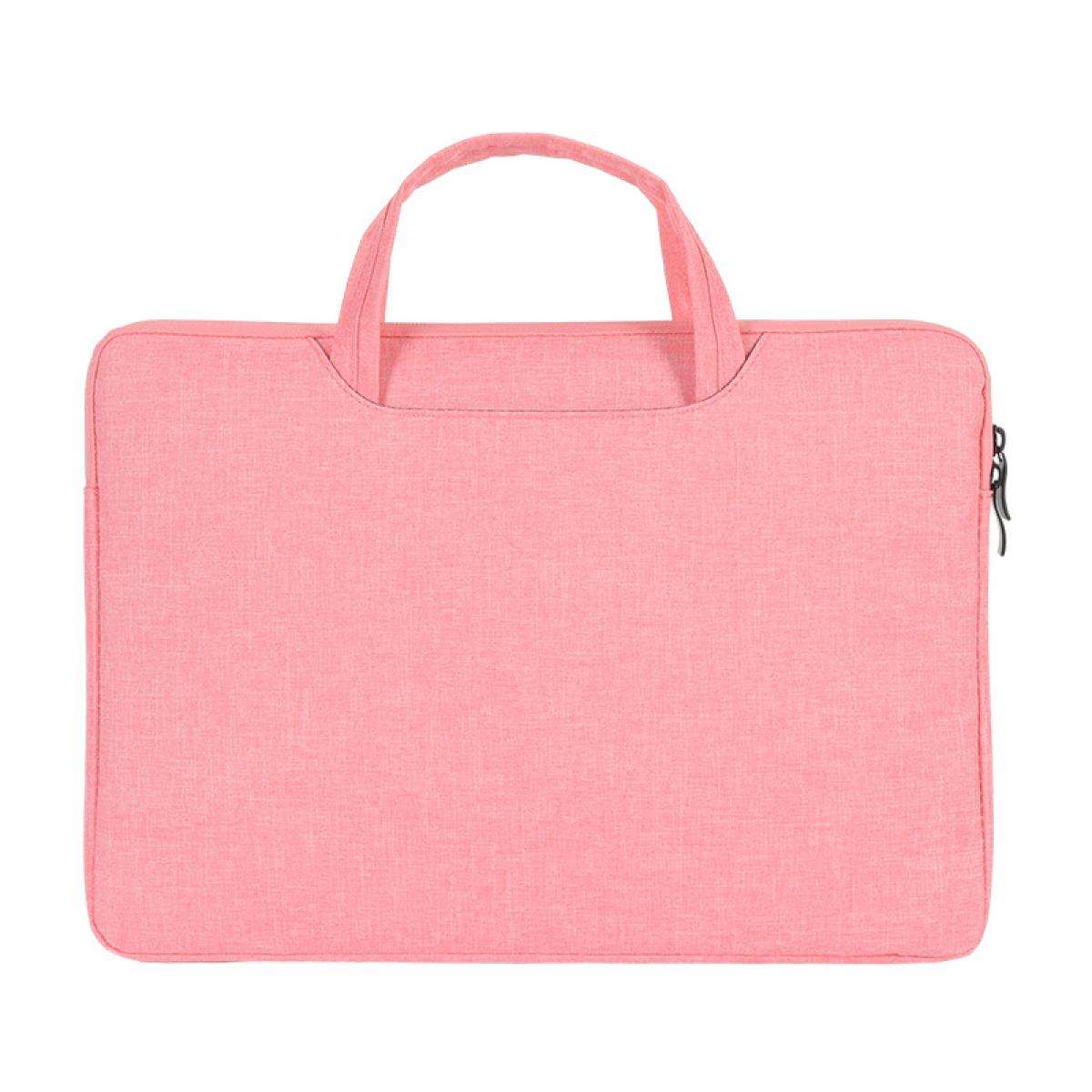 Eine rosafarbene Laptoptasche mit Griffen und Reißverschluss. Schlichtes Design.