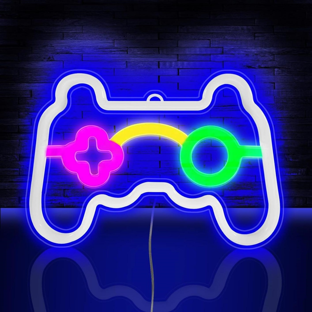 Blaue Neon-Controller-Lampe mit pinker und grüner Steuerung auf dunklem Hintergrund.