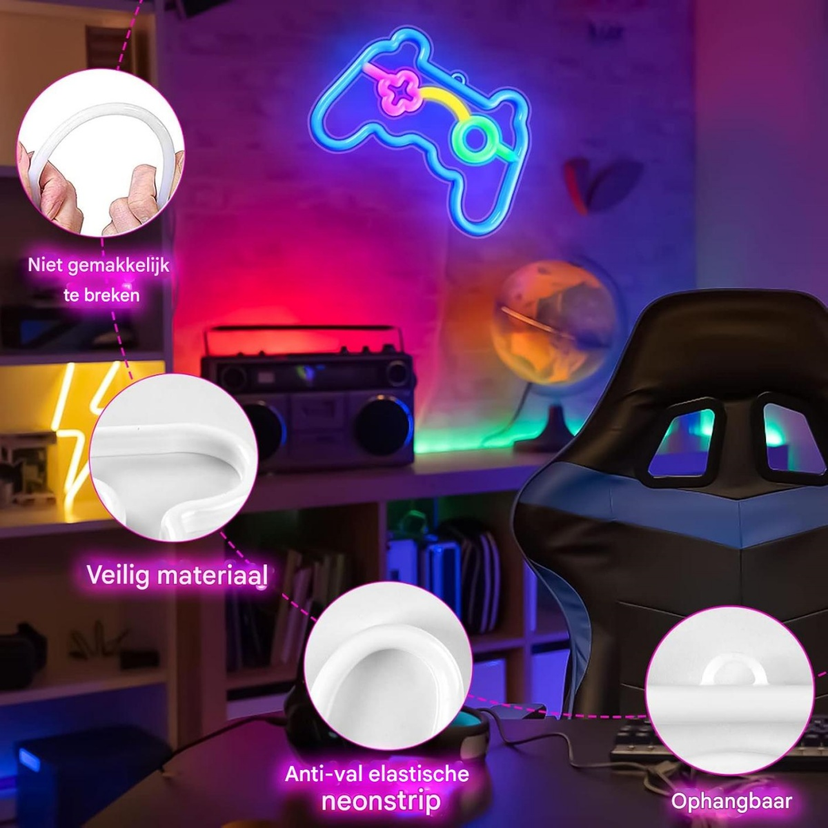 Ein leuchtendes Neon-Gamecontroller-Schild hängt über einem Schreibtisch mit einem Retro-Radio und einem Globus.