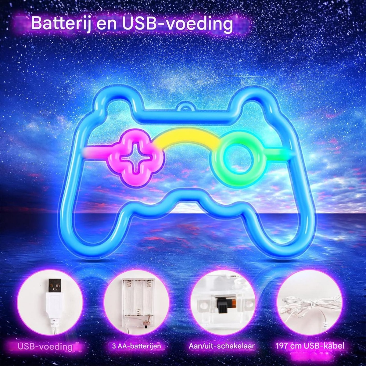 Blaue Neon-Controller-Lampe mit USB- und Batterieoptionen.