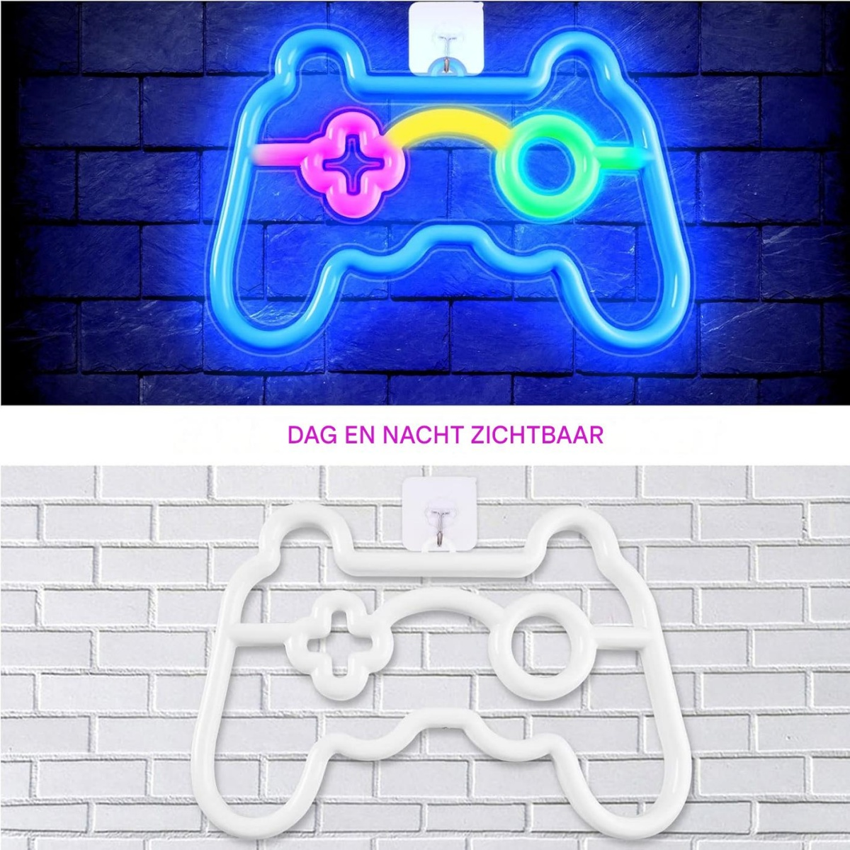 Eine blaue Neon-Spielsteuerung mit rosa und grünen Akzenten auf dunklem Stein.