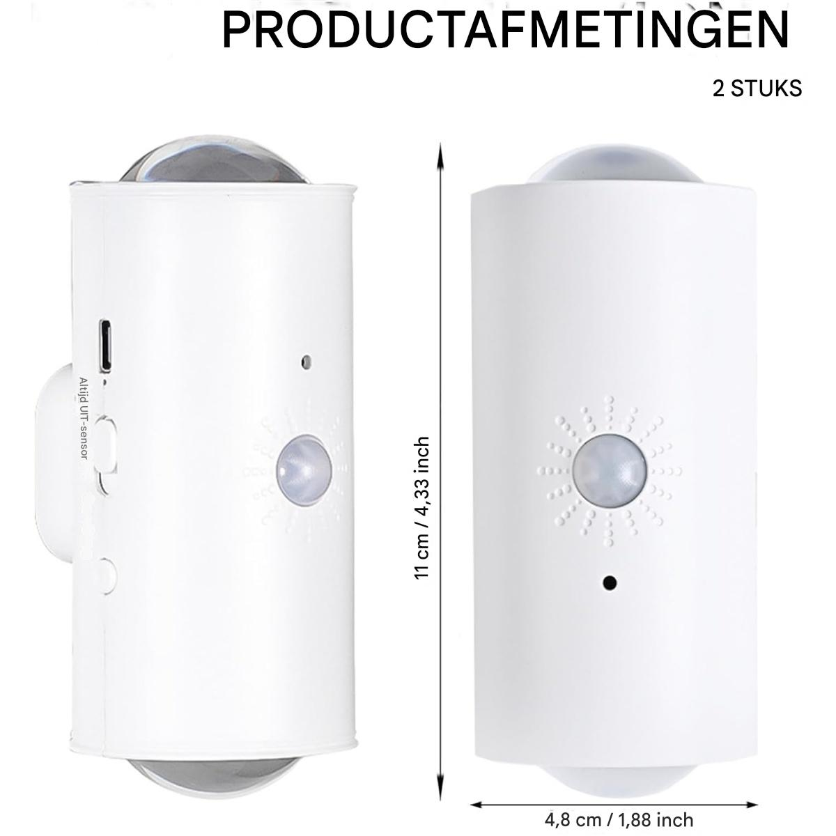 Zwei weiße Sensoren, einer mit Schalter, Maße angegeben.