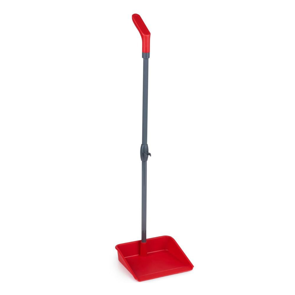 A red dustpan with a grey handle and red grip is shown against a white background.