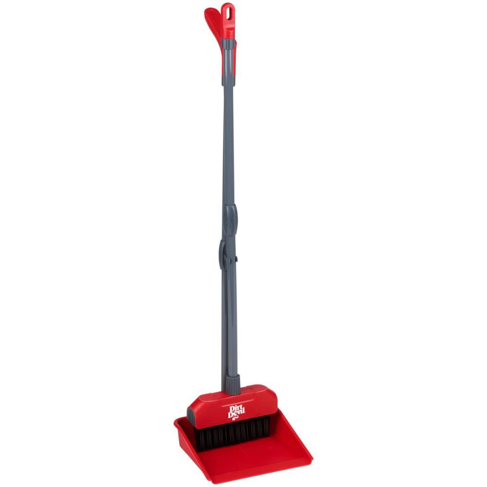 A red dustpan and brush set with a gray handle and red details.