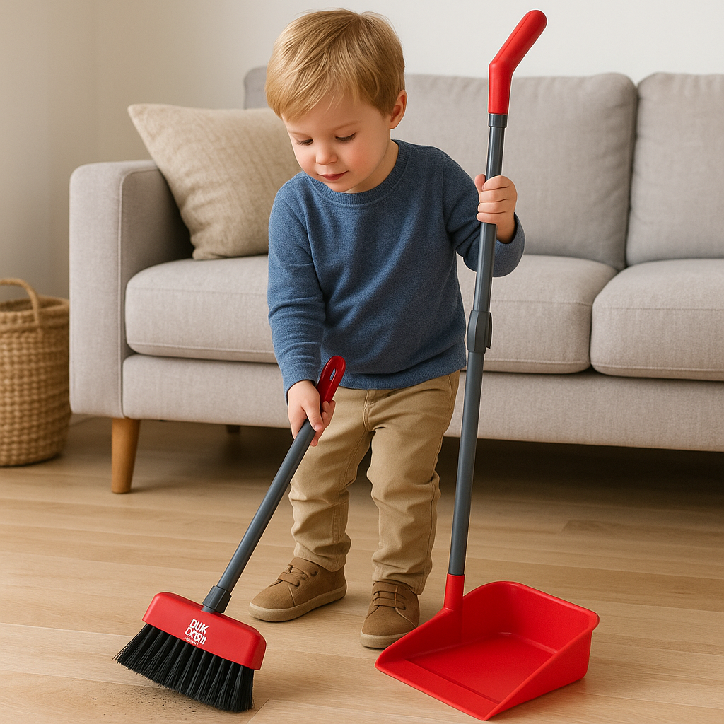 A young boy sweeps with a red broom and dustpan in a living room.