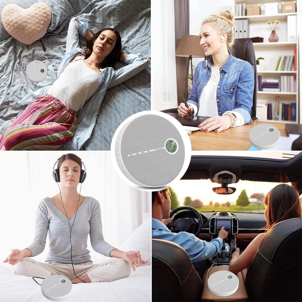 Collage zeigt Personen, die Musik genießen: beim Entspannen im Bett, im Büro, beim Meditieren und im Auto.