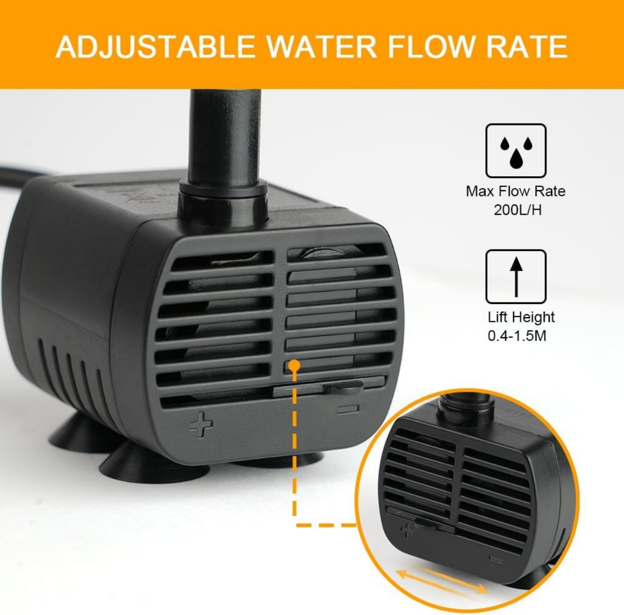 Schwarzer Wasserpumpenkörper mit Lüftungsschlitzen und Saugfüßen.
