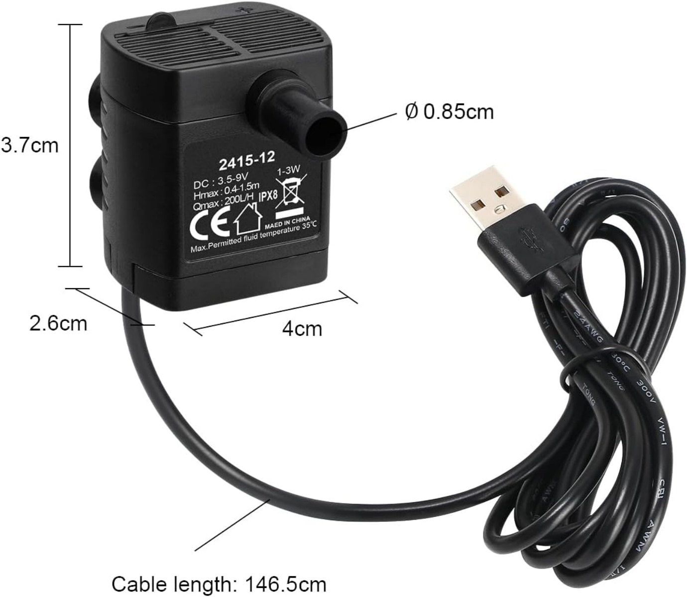 Schwarzer USB-Wasserpumpenmotor mit Abmessungen und Spezifikationen.