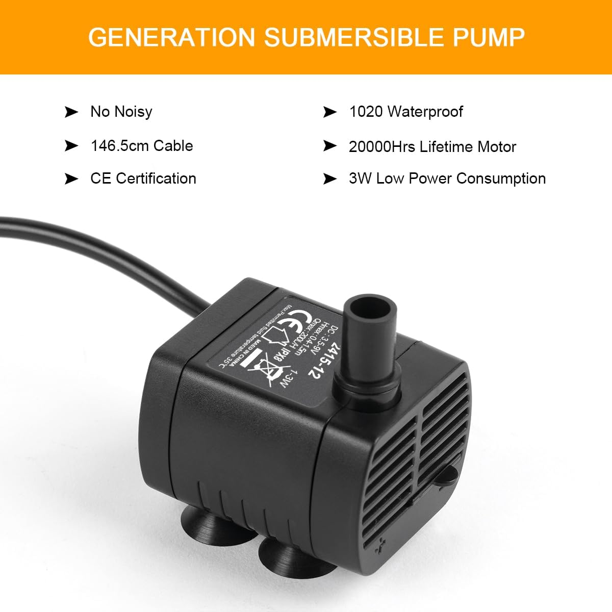 Schwarze Tauchpumpe mit Netzkabel, Merkmale: CE, wasserdicht, 3W, 146,5cm Kabel.