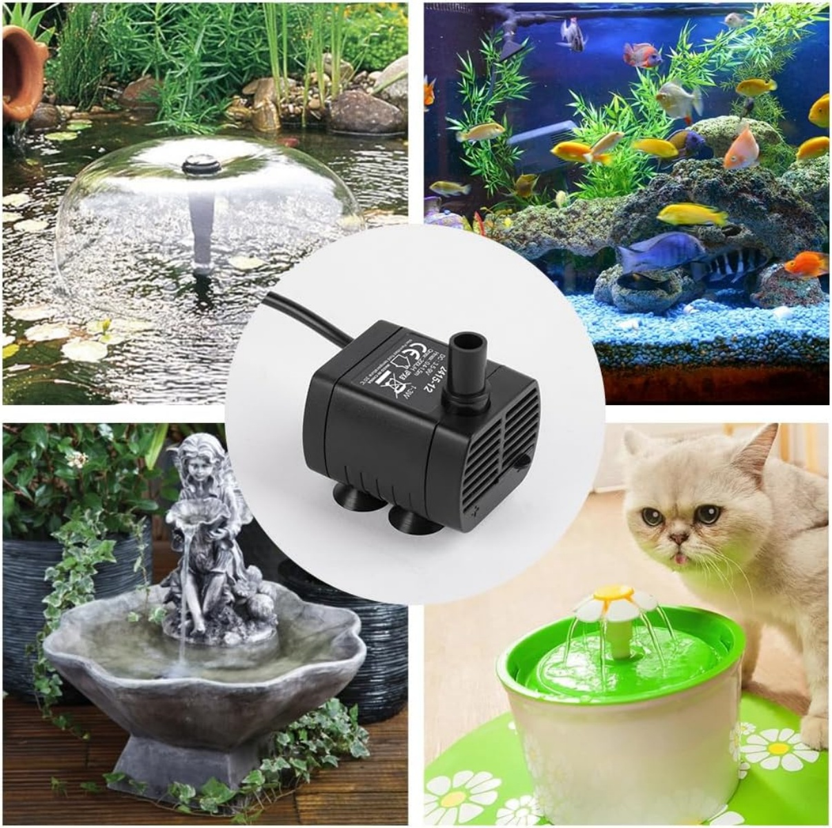 Collage aus Teichbrunnen, Fischtank, Pumpe, Gartenbrunnen und Katzentrinkbrunnen.