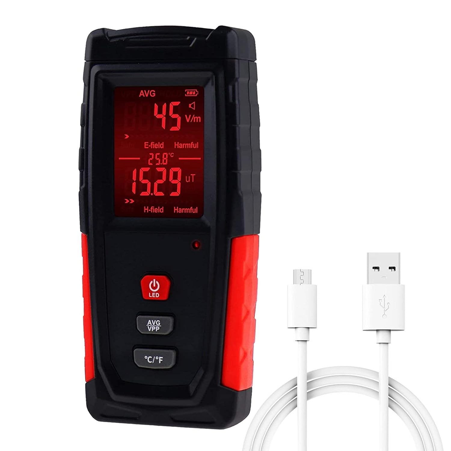 Schwarz-rotes EMF-Messgerät zeigt 45 V/m, 25,8°C, 15,29 µT an. Inklusive USB-Kabel.