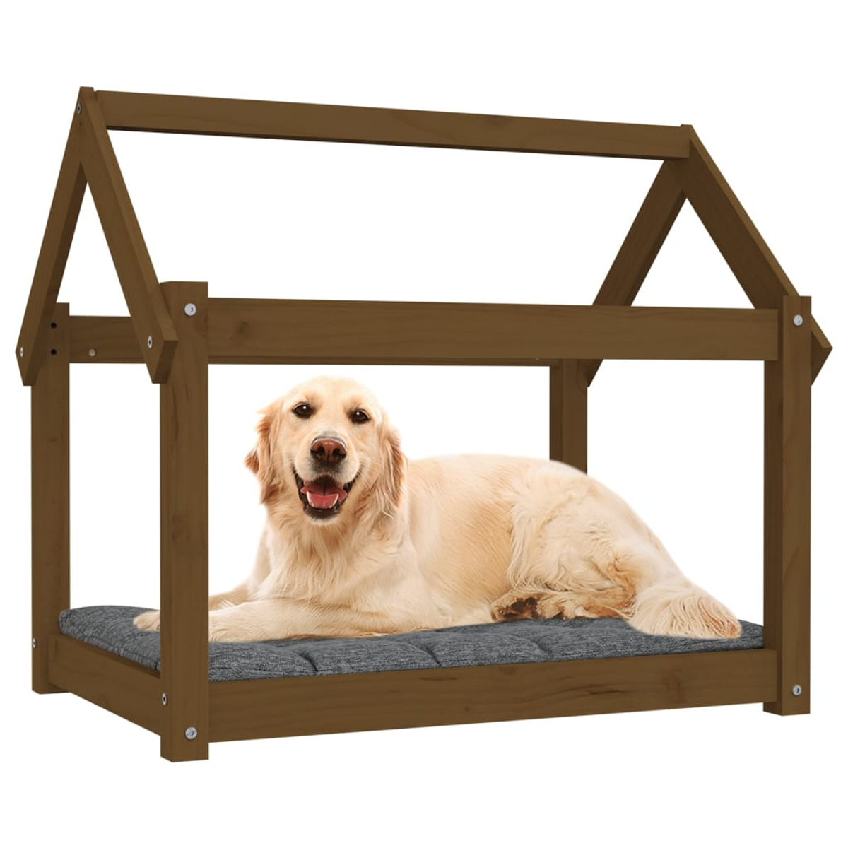 Ein Golden Retriever liegt auf einem grauen Kissen in einem Holzhaus für Haustiere.