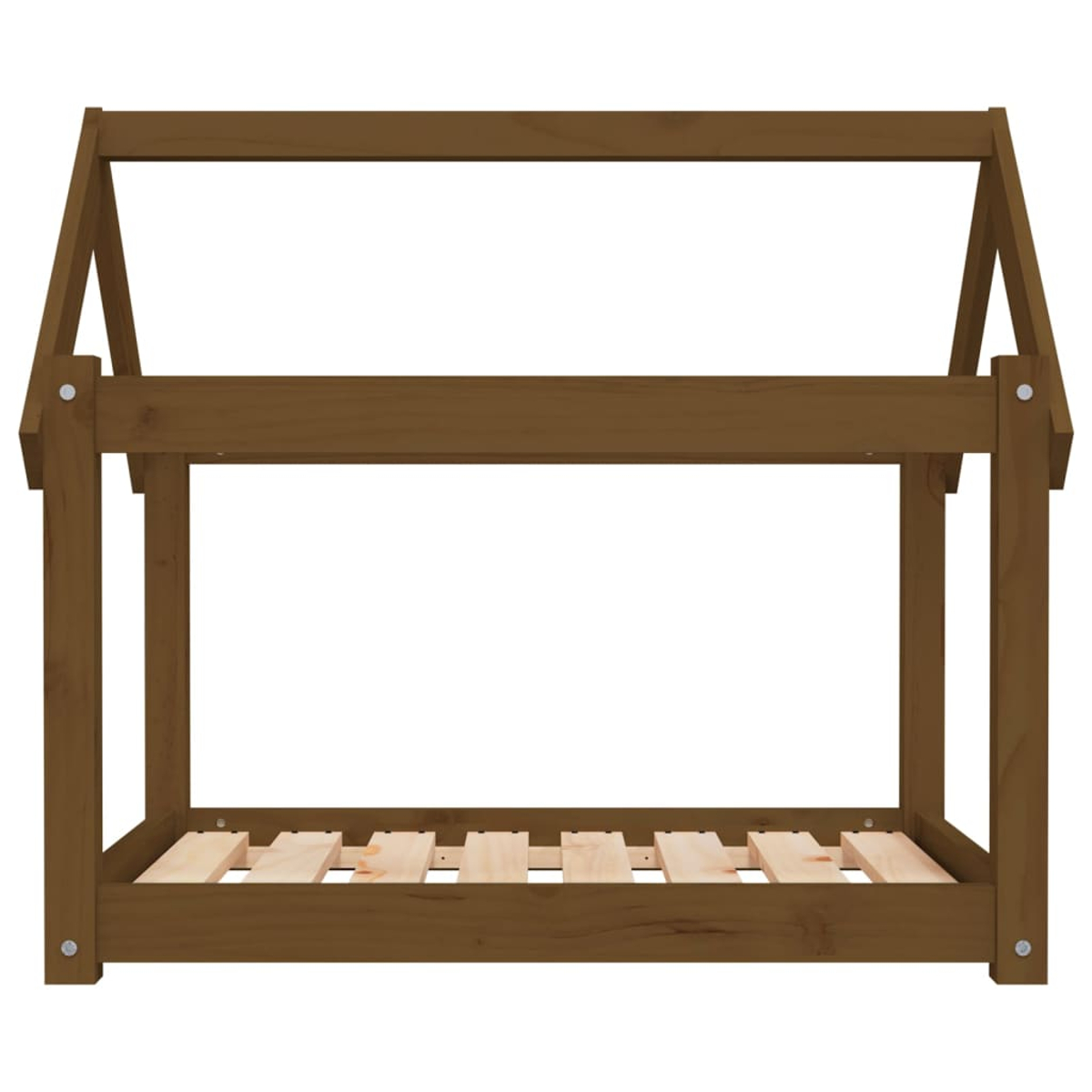 Ein braunes Holzbettgestell mit Dachkonstruktion, auf weißem Hintergrund.