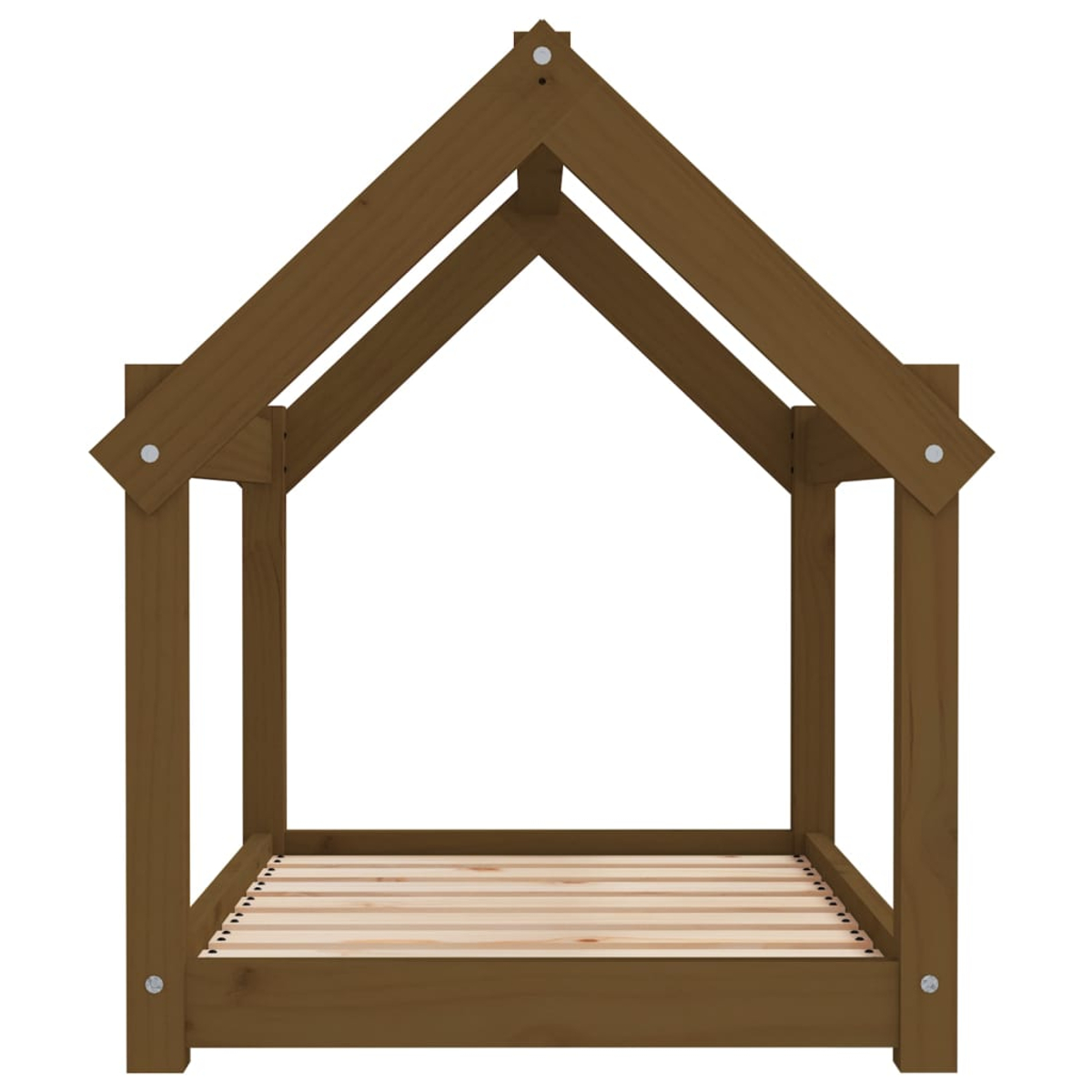 Ein braunes Hausbettgestell aus Holz mit Lattenrost, ohne Matratze.