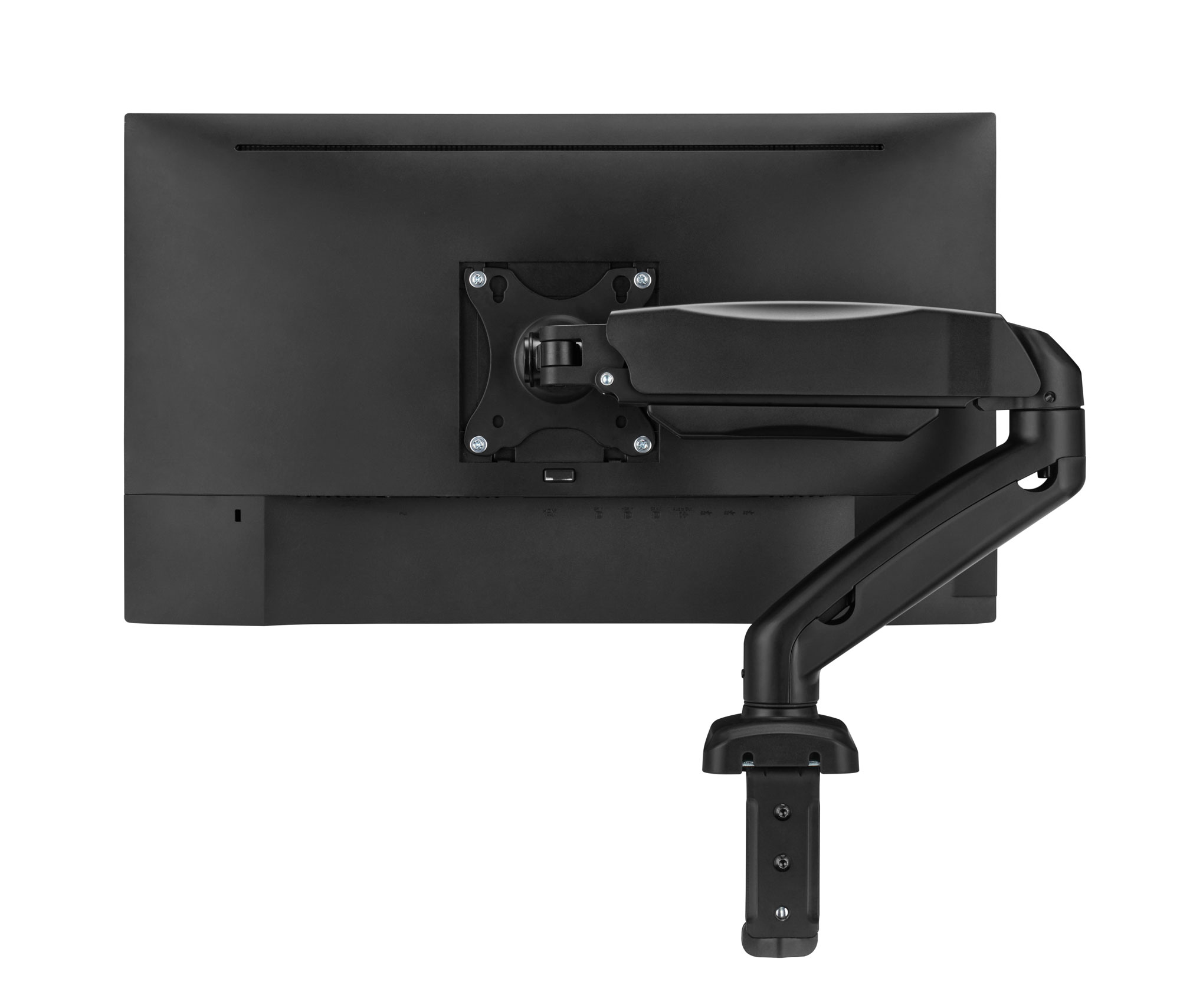 Rückansicht eines schwarzen Monitors auf einem verstellbaren Armständer, der an einer Oberfläche geklemmt ist.