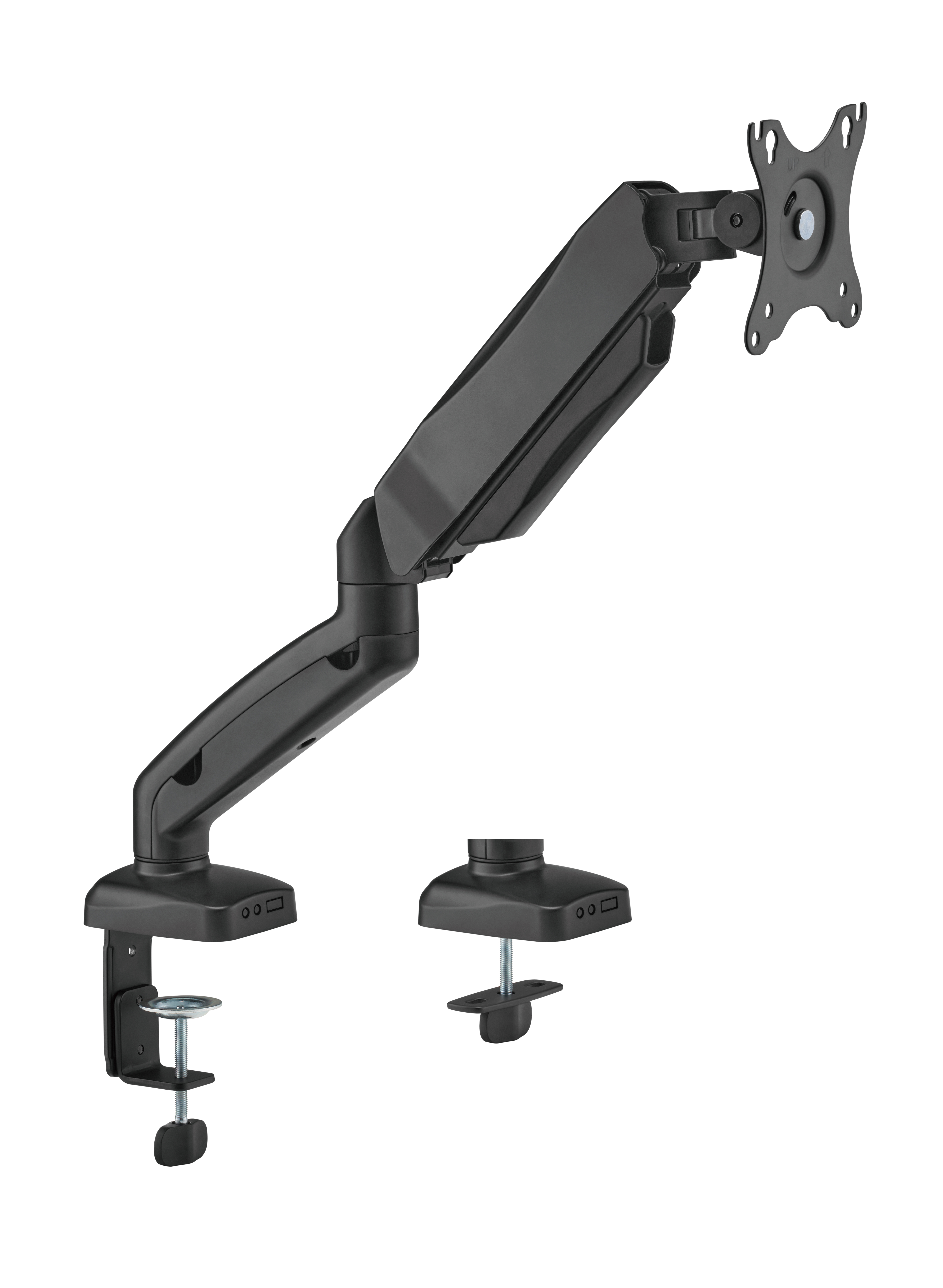 Ein schwarzer Monitorarm mit Klemmfuß und VESA-Halterung.