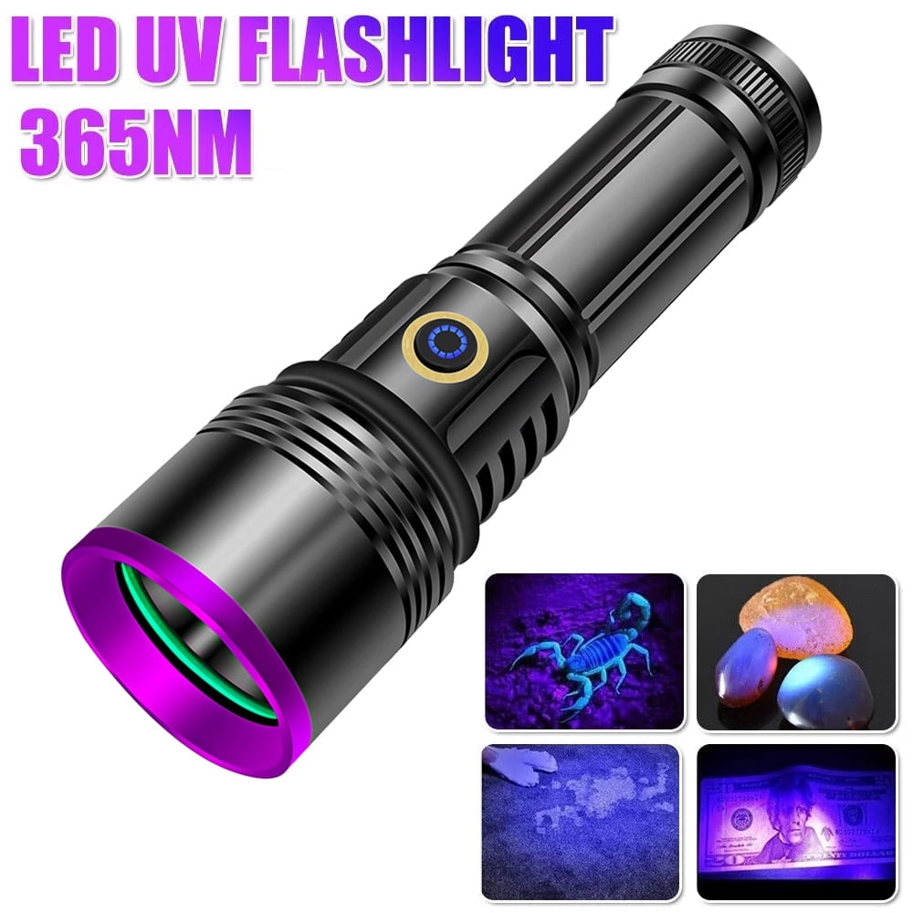 Schwarze UV-Taschenlampe mit violettem Ring, zeigt Skorpion, Steine, Stoff und Geld unter UV-Licht.