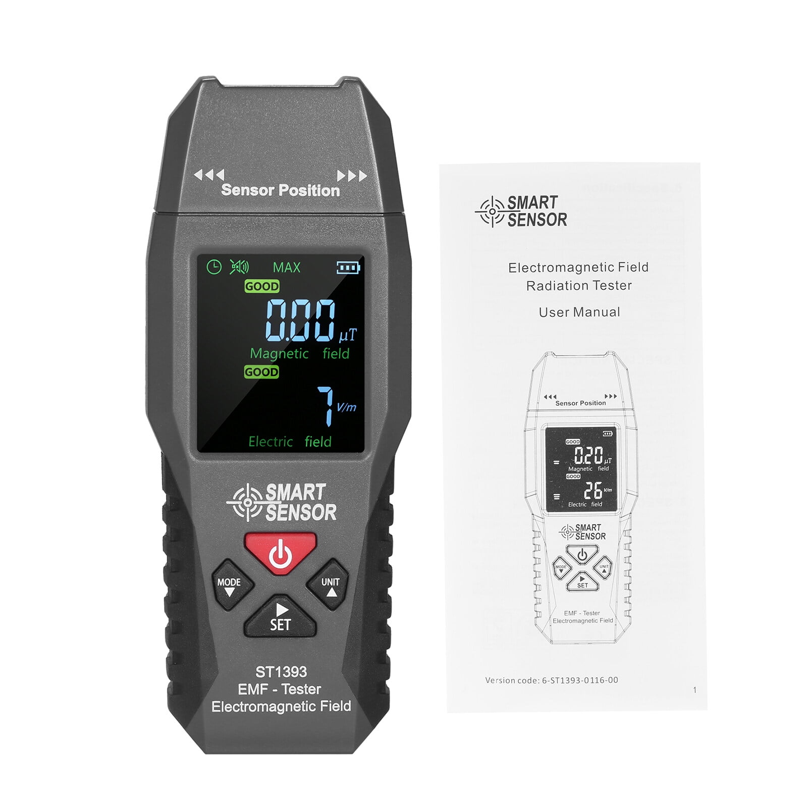 Grauer EMF-Tester mit Display und Anleitung daneben. Zeigt 0.00 µT und 7 V/m an.