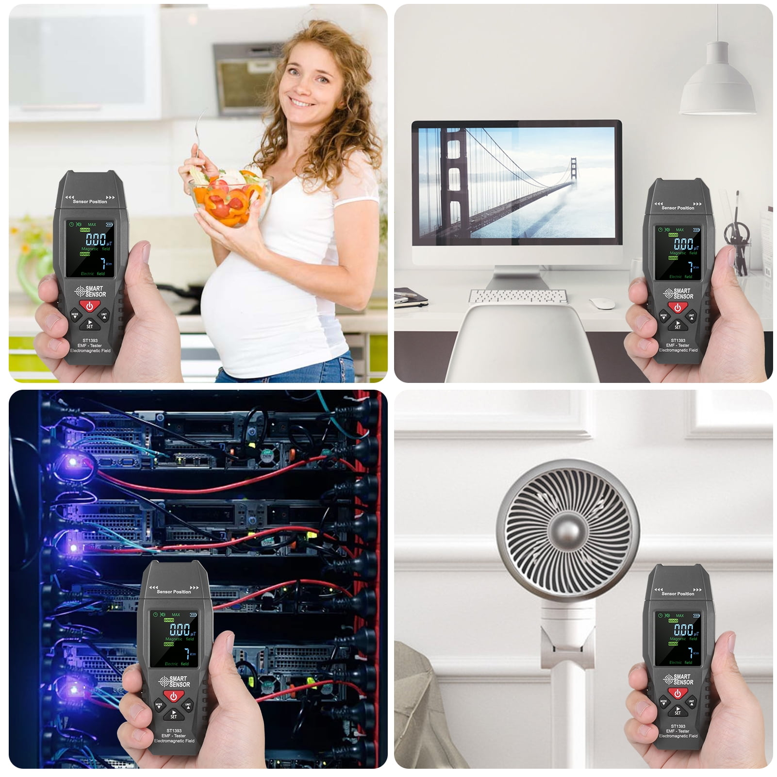 Schwangere Frau isst Salat; Computer mit Brücke; Serverraum; Ventilator.