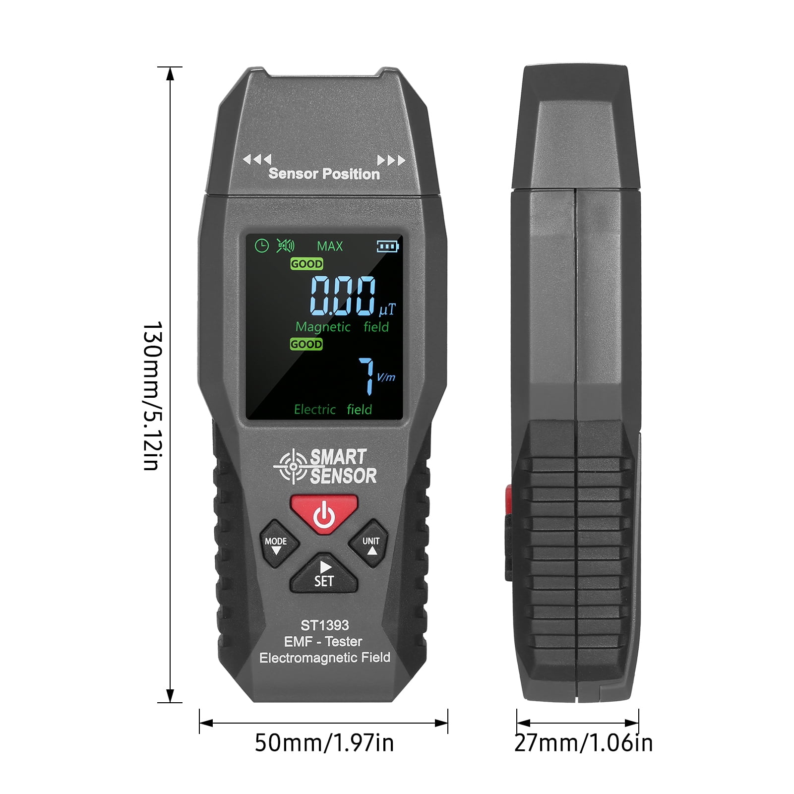 Grauer EMF-Tester mit Digitalanzeige, der 0,00 Magnetfeld und 7 V/m elektrisches Feld anzeigt.