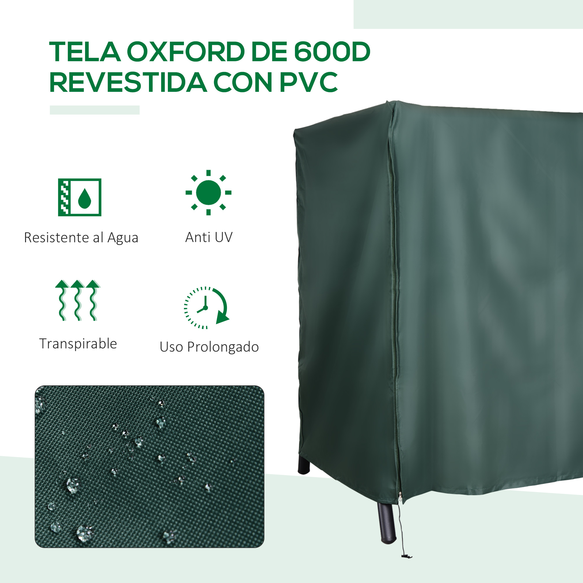 Funda Oxford verde oscuro con cremallera. Muestra resistencia al agua, protección UV, transpirabilidad.