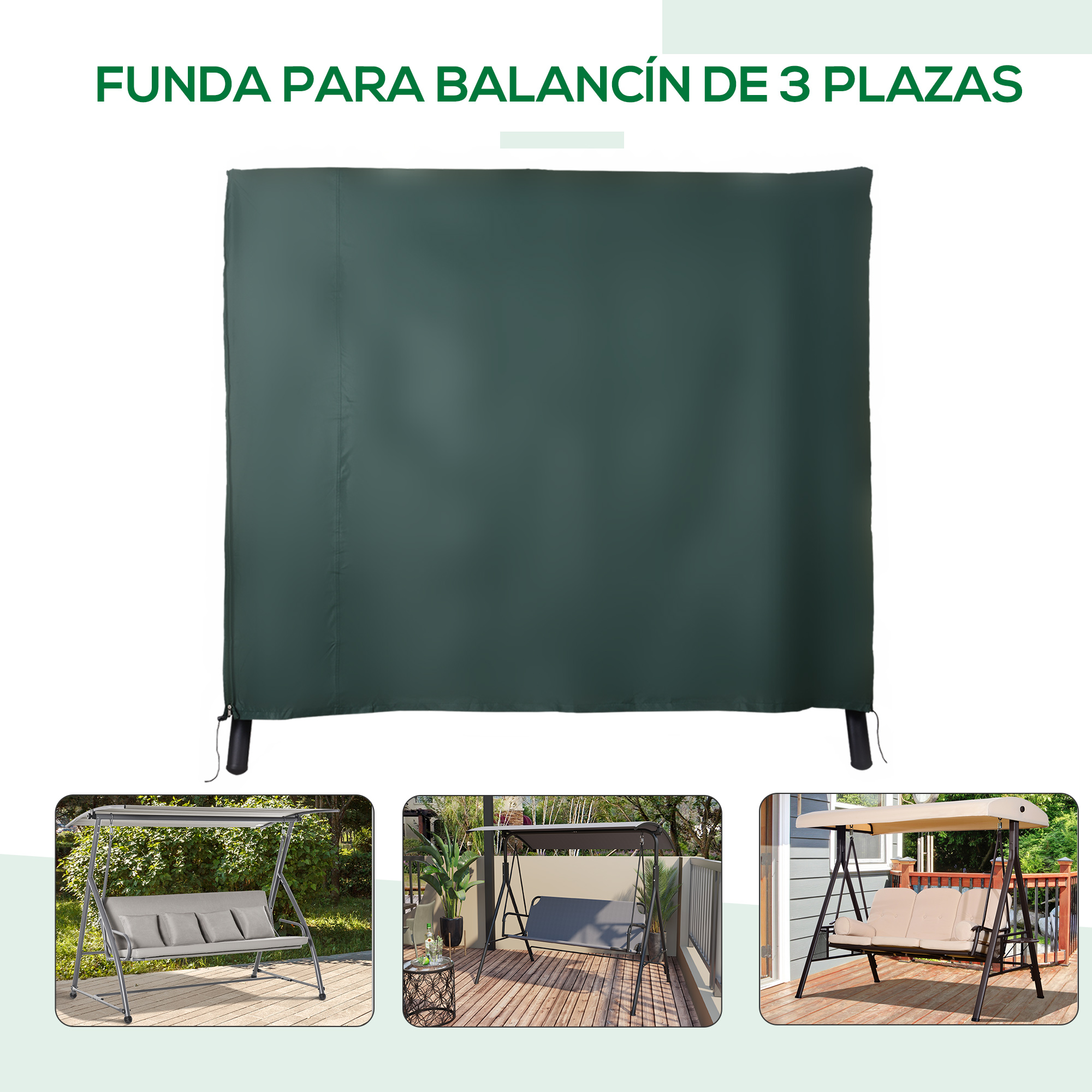Funda verde oscura para columpio de 3 plazas, con tres imágenes de columpios al lado.