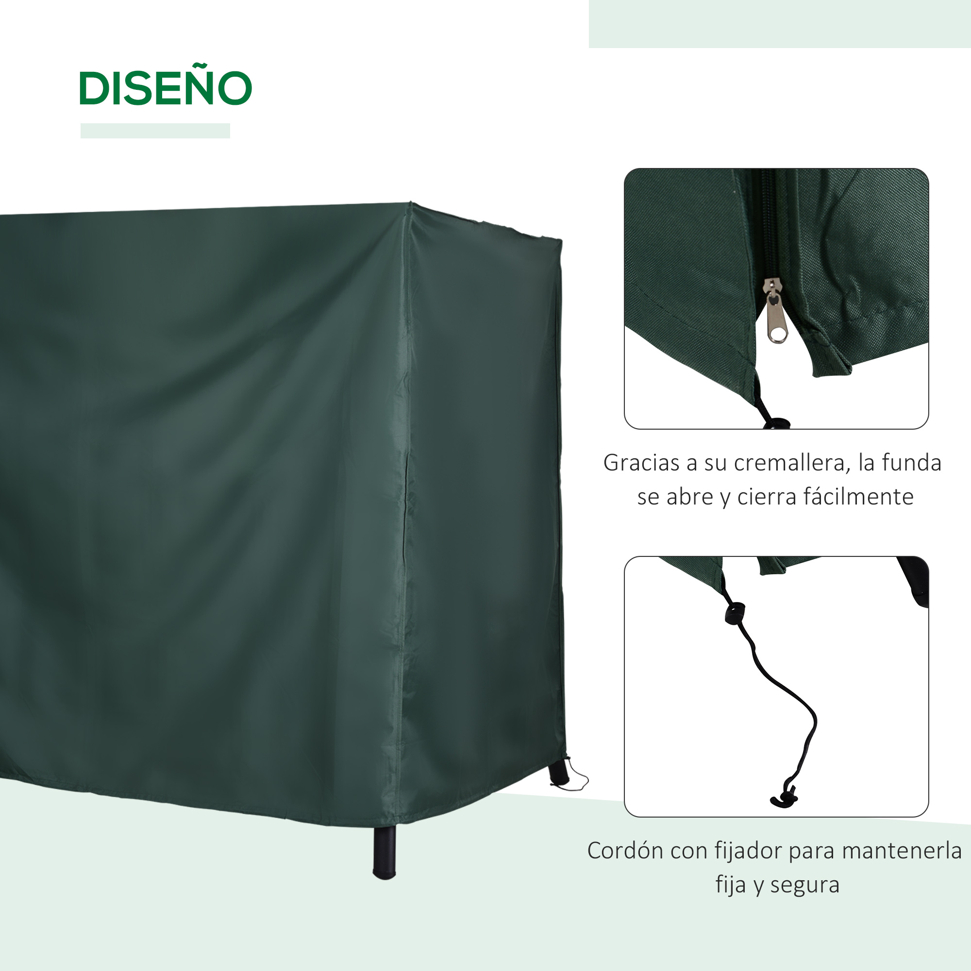 Funda verde oscuro con cremallera y cordón para fijación segura.