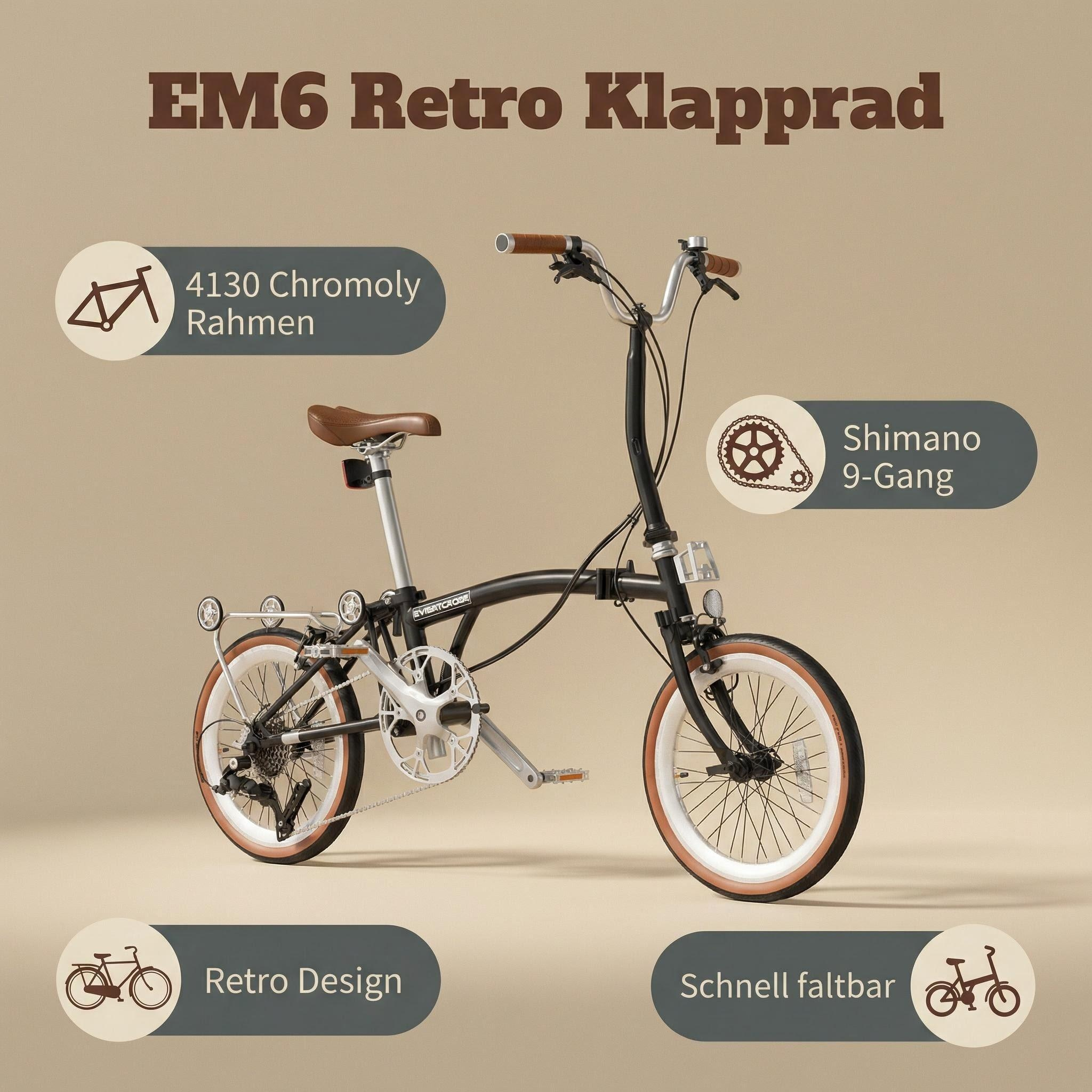 Ein schwarzes Klapprad mit braunem Sattel und Griffen, Chrom-Felgen.