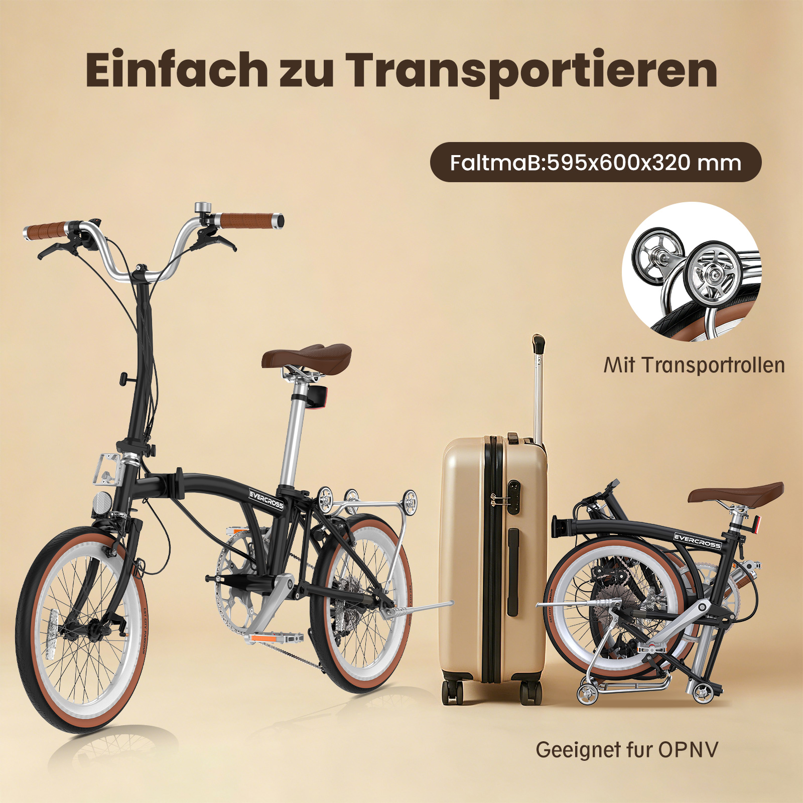Ein schwarzes Klapprad neben einem goldfarbenen Rollkoffer.
