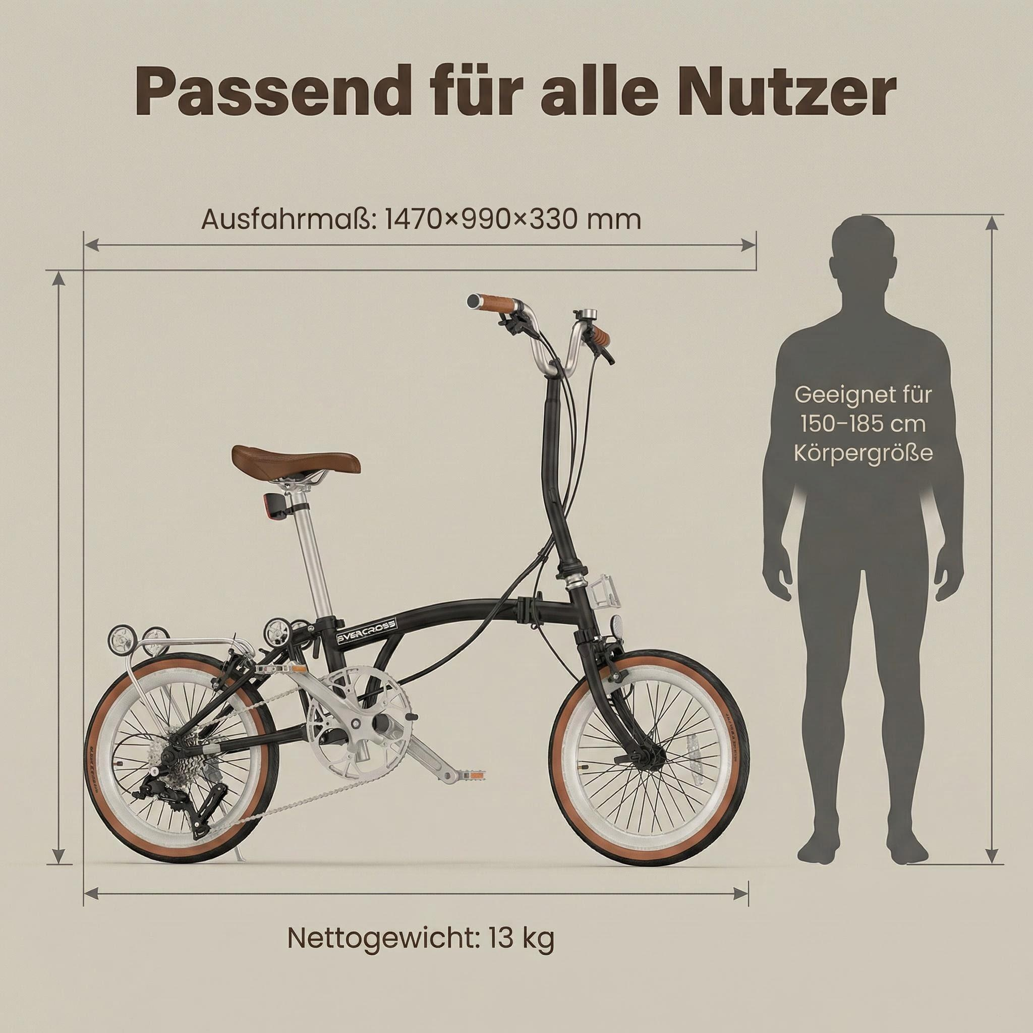 Ein schwarzes Klapprad mit braunem Sattel, neben einer Silhouette, die Körpergröße 150-185 cm angibt.