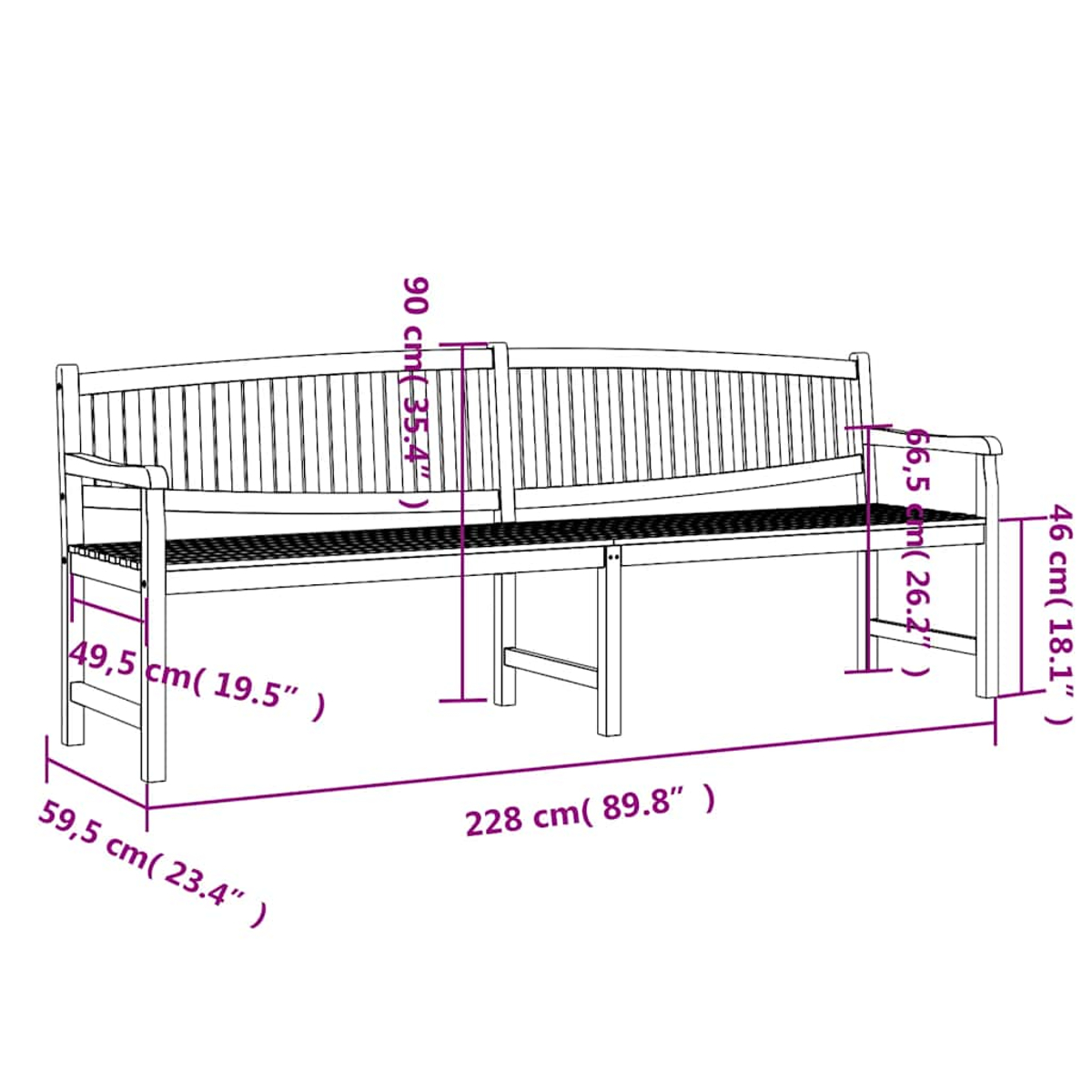 Holz-Gartenbank mit angegebenen Maßen. Höhe 90cm, Breite 228cm.