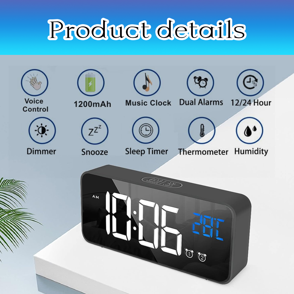 Digitaler Wecker mit verschiedenen Funktionen: Sprachsteuerung, Musik, Wecker, Thermometer, etc.