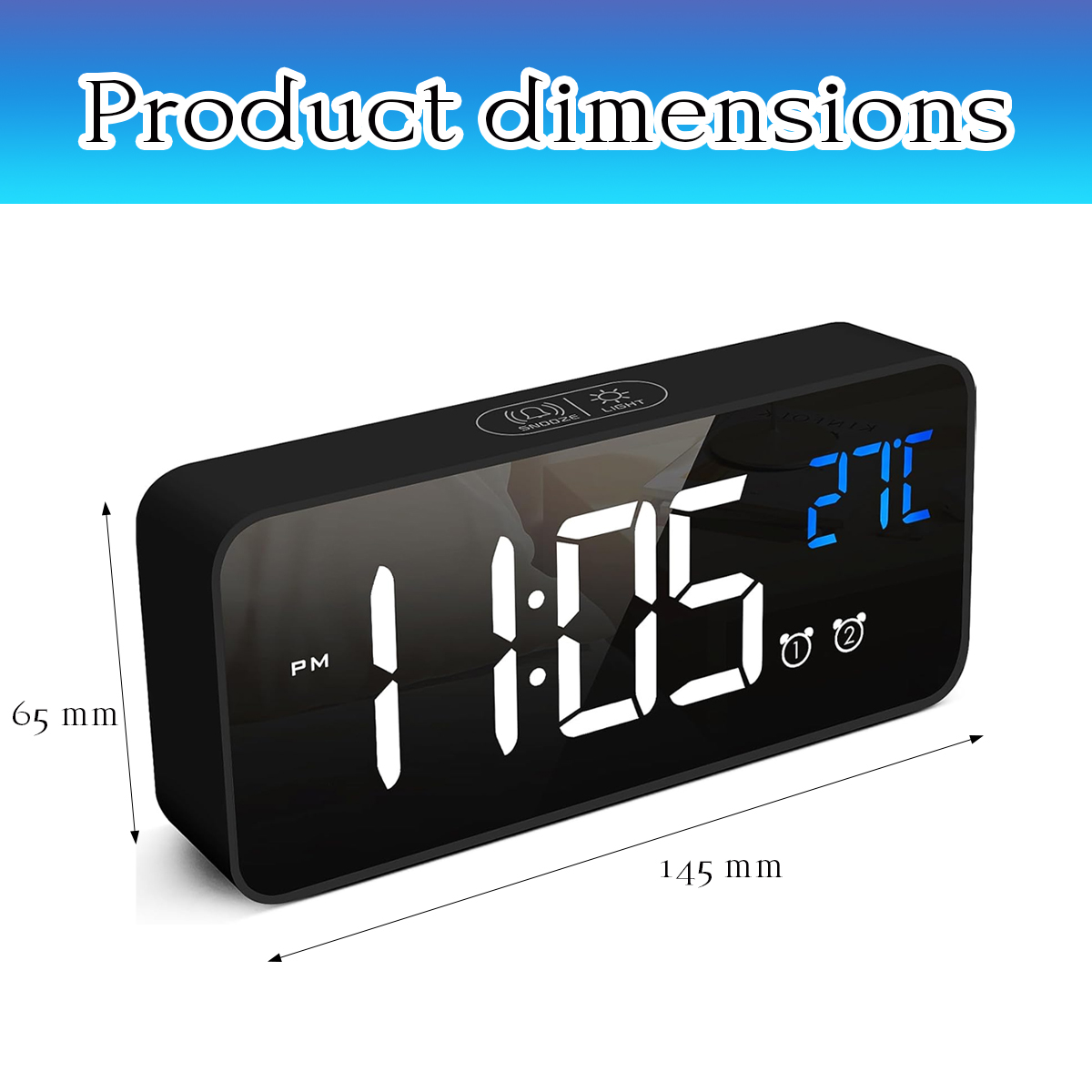 Digitaluhr zeigt 11:05 Uhr und 27 Grad an, mit Maßen 145x65mm.