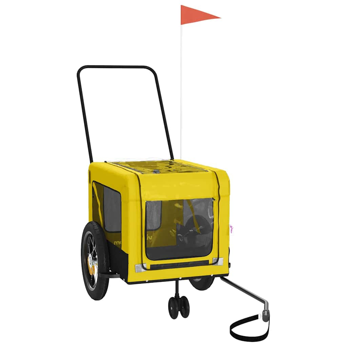Ein gelber Kinderwagen mit zwei Rädern, einem Griff und einer roten Fahne.