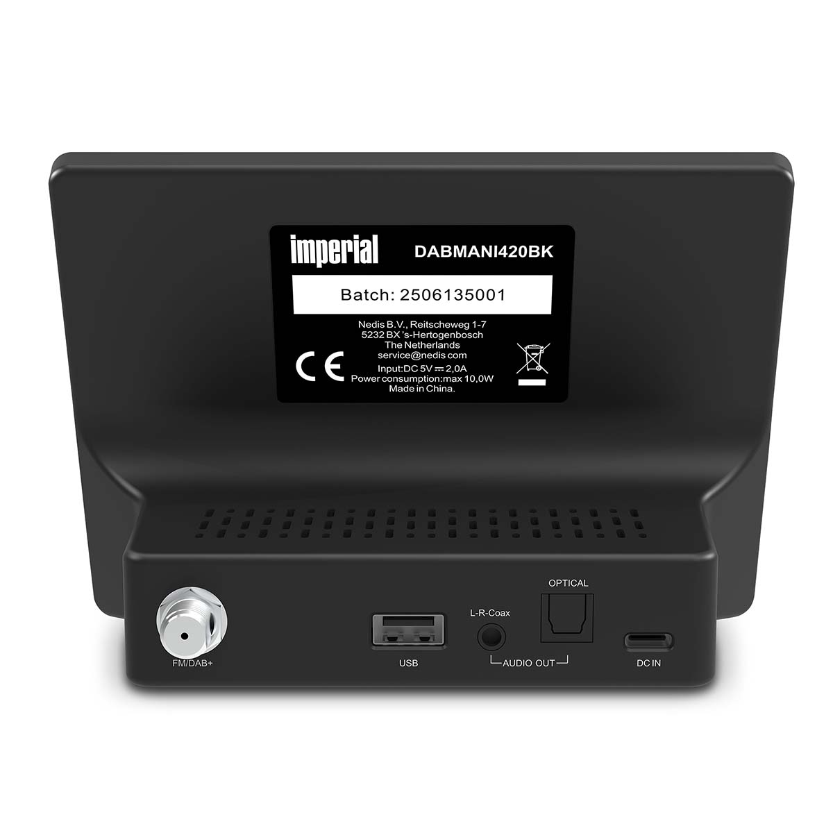 Rückseite eines schwarzen DAB-Radios mit Anschlüssen: FM/DAB+, USB, L-R-Coax, Audio Out, Optical, DC In.