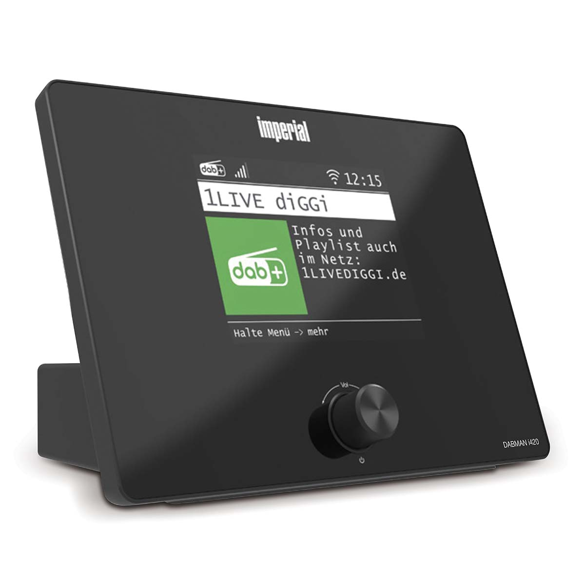 Ein schwarzes DAB+ Radio mit dem Sender 1LIVE diggi auf dem Display.
